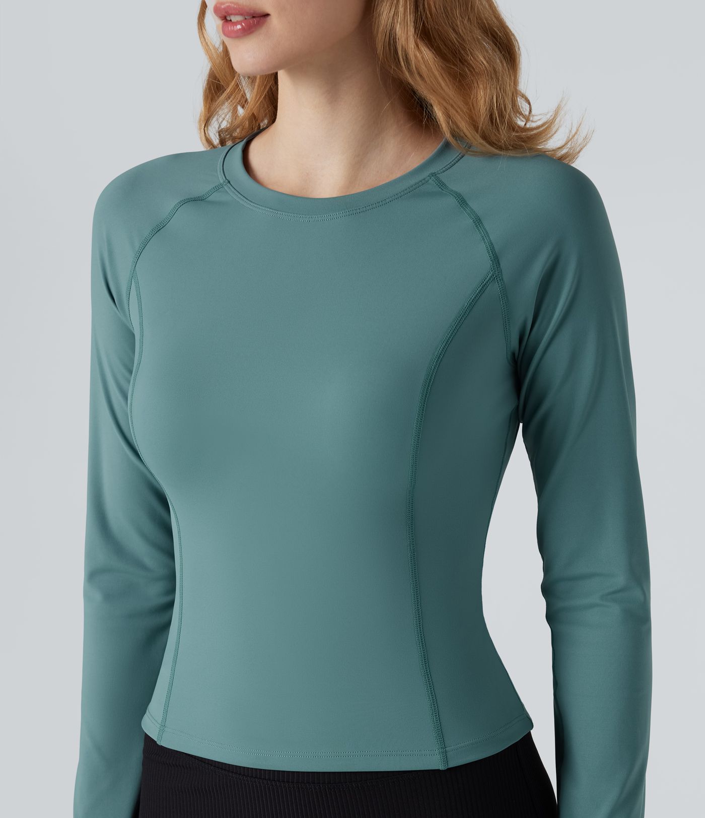 Softlyzero™ Airy - Yoga-Sport-Top mit Rundhalsausschnitt, langen Ärmeln, Daumenlöchern, kontrastierendem Netzstoff und Cool-Touch - UPF50+