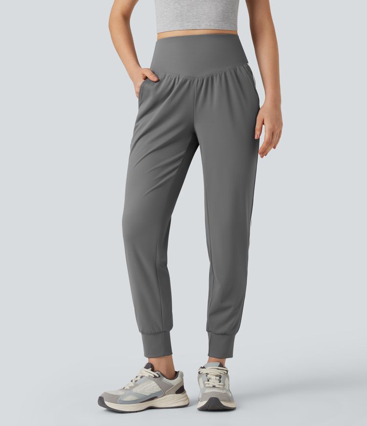 High Waisted Tummy Control Color Block Quick Dry Running Joggers with Pockets-UPF40+