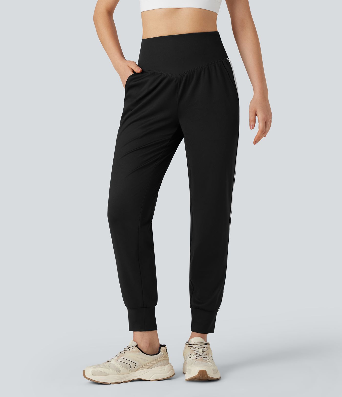 High Waisted Tummy Control Color Block Quick Dry Trackpants Running Joggers with Pockets-UPF40+