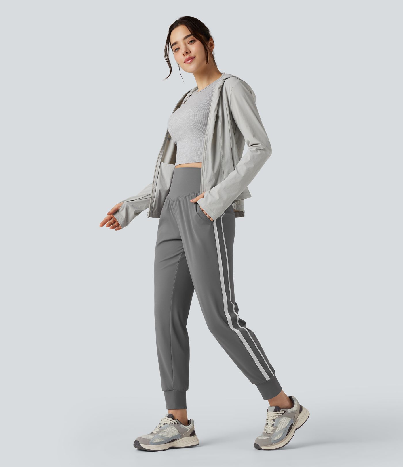 High Waisted Tummy Control Color Block Quick Dry Running Joggers with Pockets-UPF40+