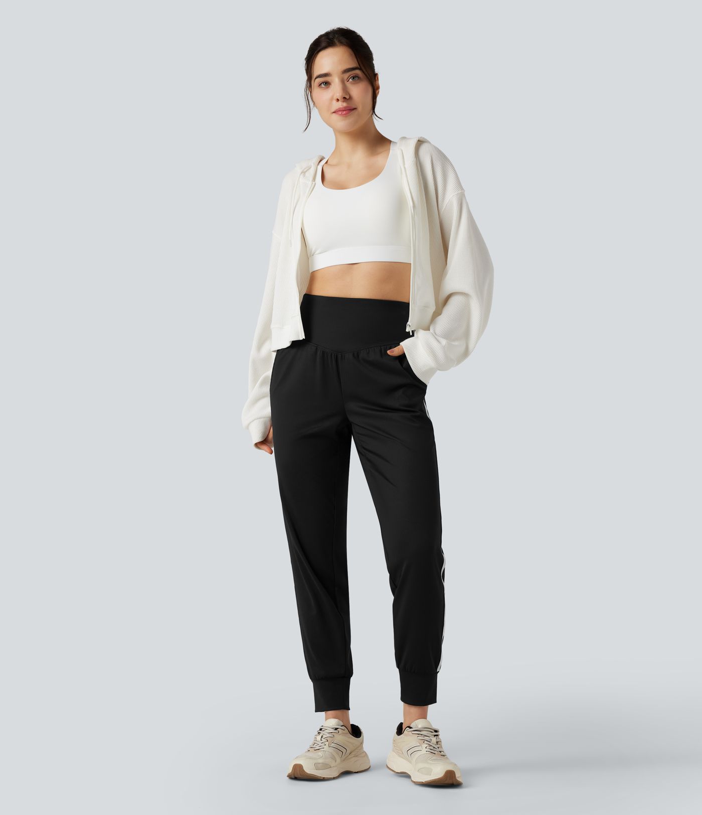 High Waisted Tummy Control Color Block Quick Dry Trackpants Running Joggers with Pockets-UPF40+