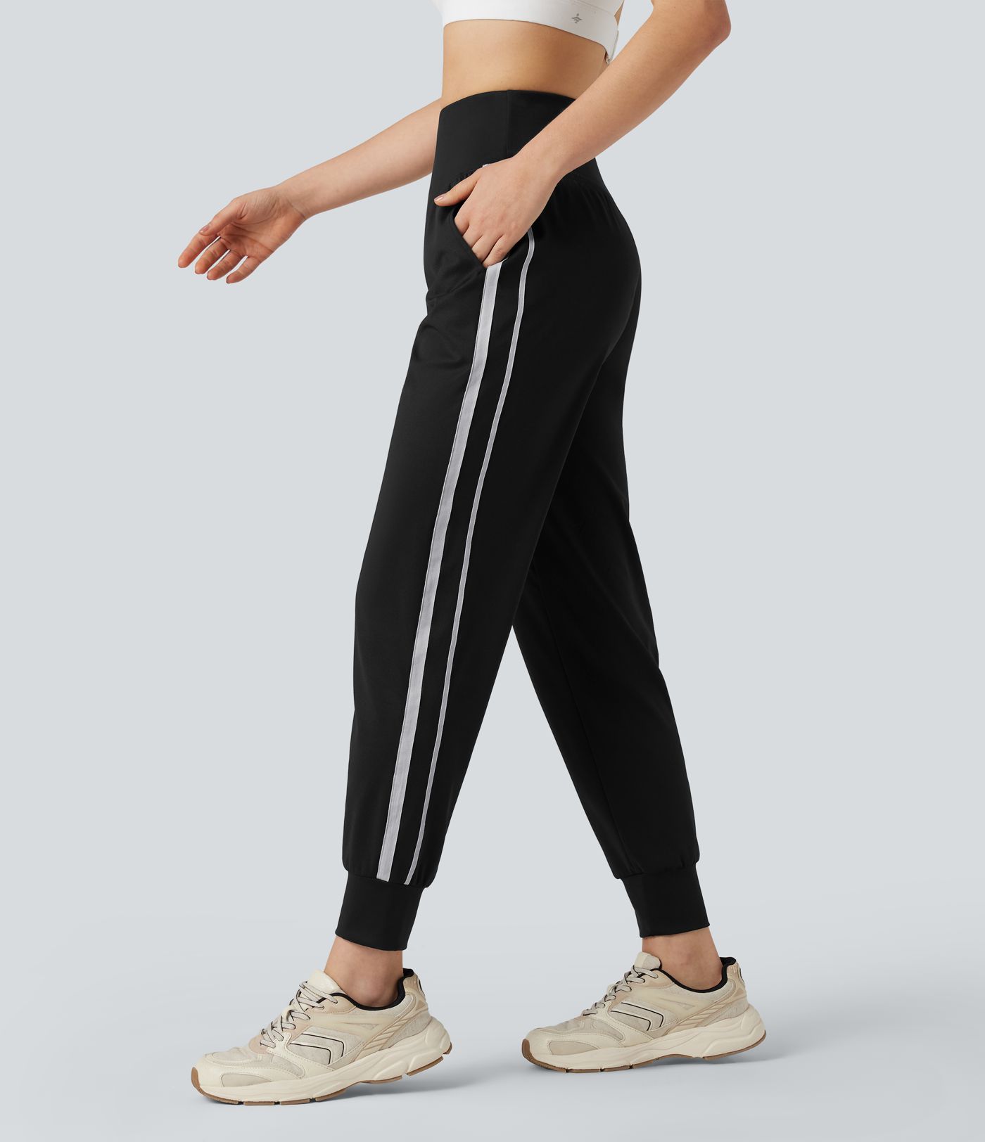 High Waisted Tummy Control Color Block Quick Dry Trackpants Running Joggers with Pockets-UPF40+