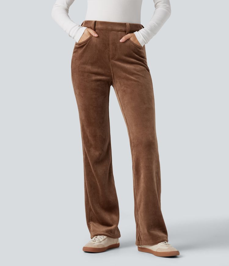 Pantalon évasé décontracté en velours côtelé molleton taille haute gainant avec poches