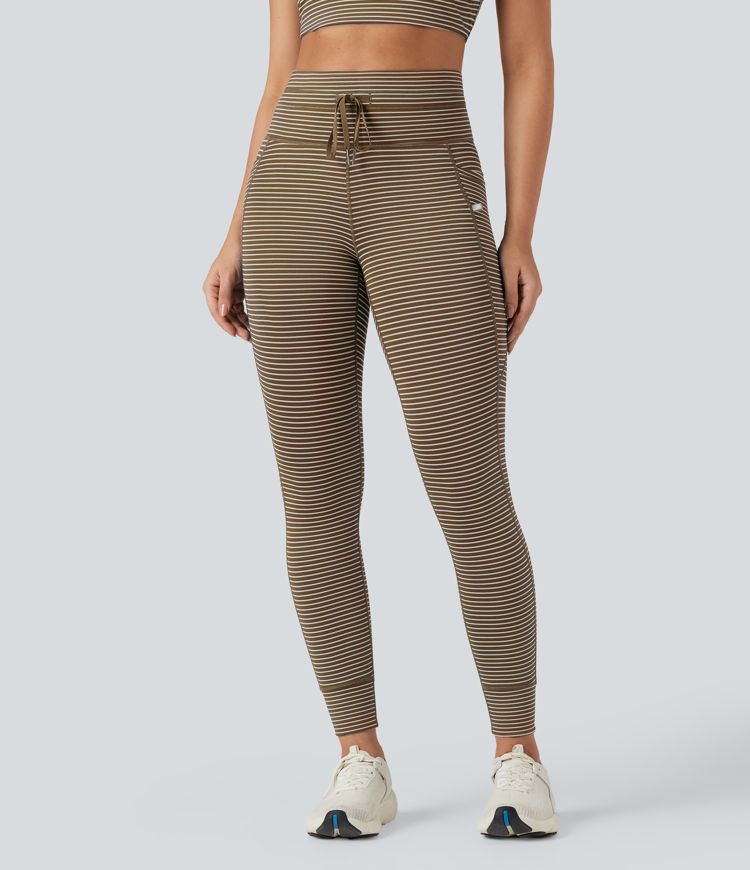 High Waisted Drawstring Striped Yoga Leggings with Pockets