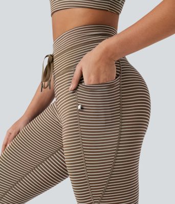 High Waisted Drawstring Striped Yoga Leggings with Pockets