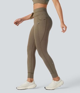 High Waisted Drawstring Striped Yoga Leggings with Pockets