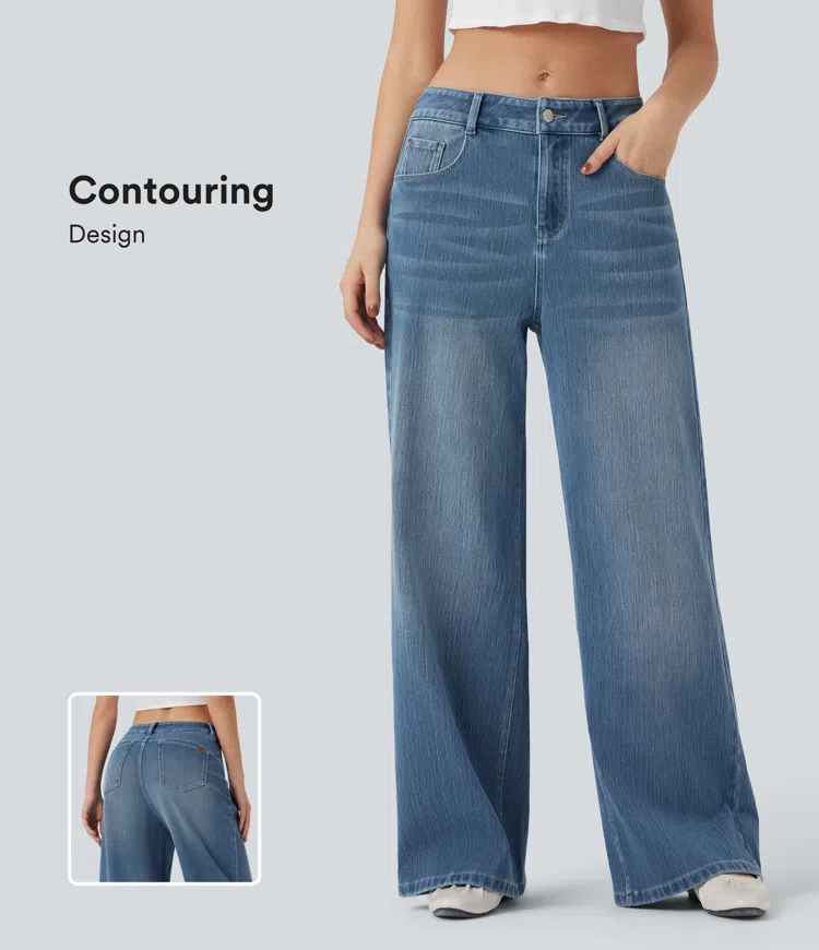  Blue Jasper Denim Halara Flex™ Mid Rise Wide Leg Washed Casual Jeans with Pockets / 1