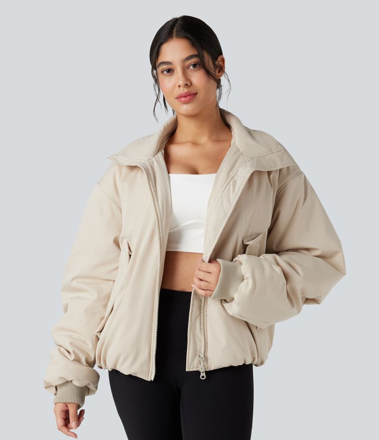 High Neck Long Sleeve Zipper Casual Padded Jacket with Pockets