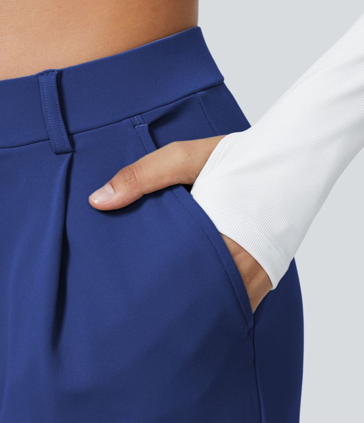 Pantalón  oficina pierna recta bolsillo lateral tiro alto pliegue