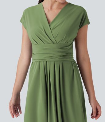 Breezeful™ V Neck Short Sleeve Side Pocket Tie Back Quick Dry Midi Casual Dress