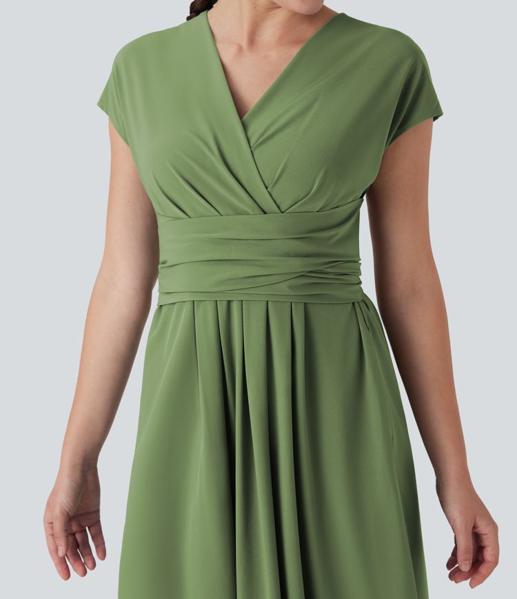 Breezeful™ V Neck Short Sleeve Side Pocket Tie Back Quick Dry Midi Casual Dress