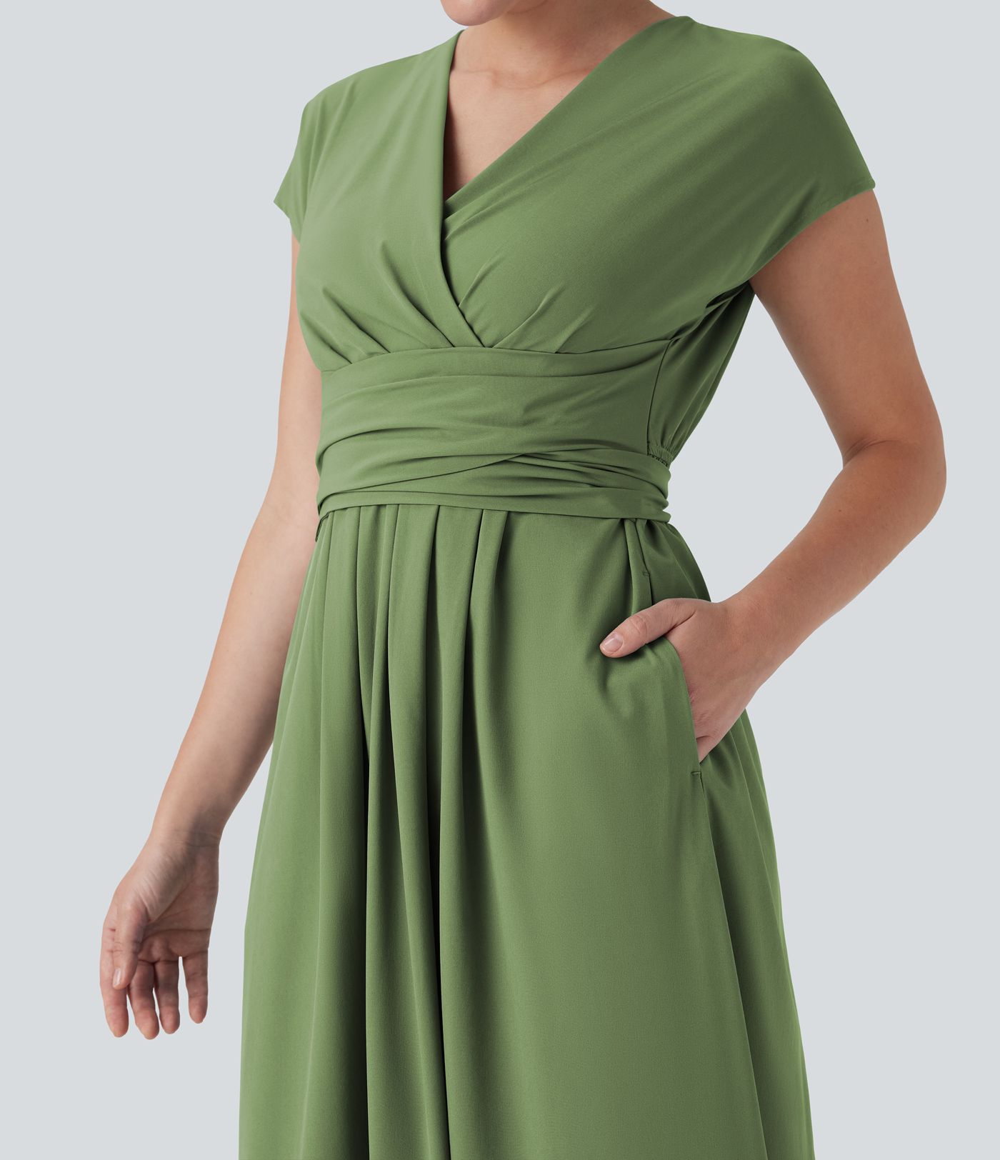 Breezeful™ V Neck Short Sleeve Side Pocket Tie Back Quick Dry Midi Casual Dress