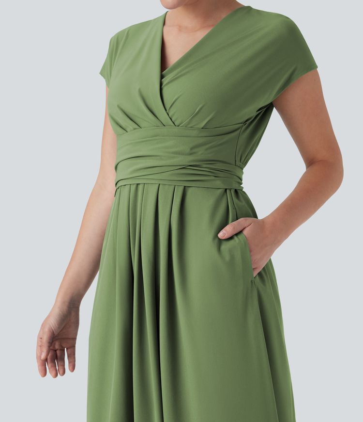 Breezeful™ V Neck Short Sleeve Side Pocket Tie Back Quick Dry Midi Casual Dress