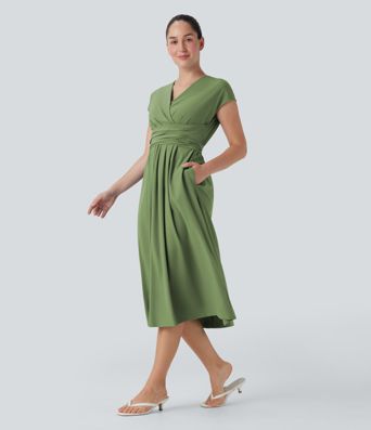 Breezeful™ V Neck Short Sleeve Side Pocket Tie Back Quick Dry Midi Casual Dress