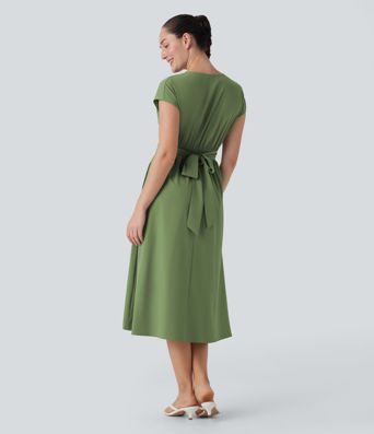 Breezeful™ V Neck Short Sleeve Side Pocket Tie Back Quick Dry Midi Casual Dress