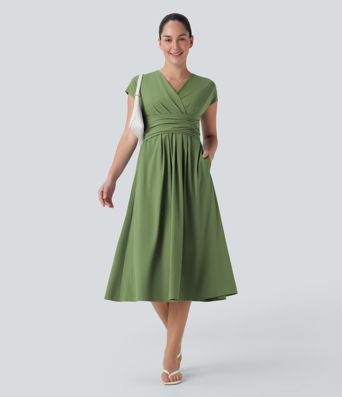 Breezeful™ V Neck Short Sleeve Side Pocket Tie Back Quick Dry Midi Casual Dress