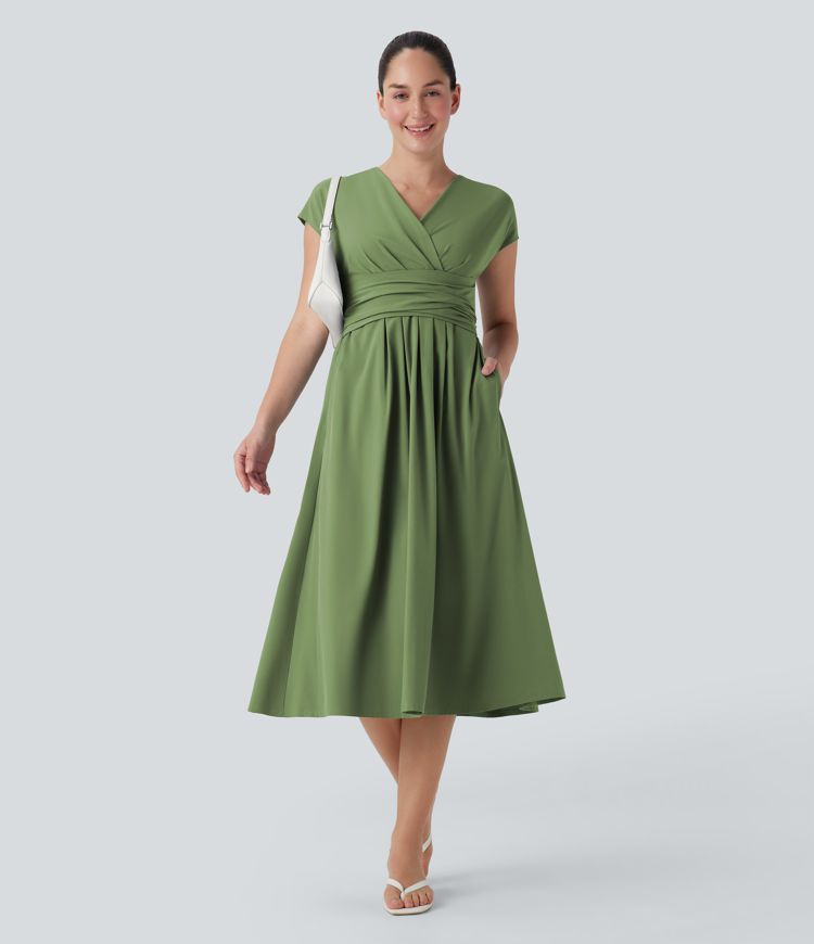 Breezeful™ V Neck Short Sleeve Side Pocket Tie Back Quick Dry Midi Casual Dress