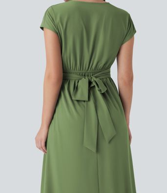 Breezeful™ V Neck Short Sleeve Side Pocket Tie Back Quick Dry Midi Casual Dress