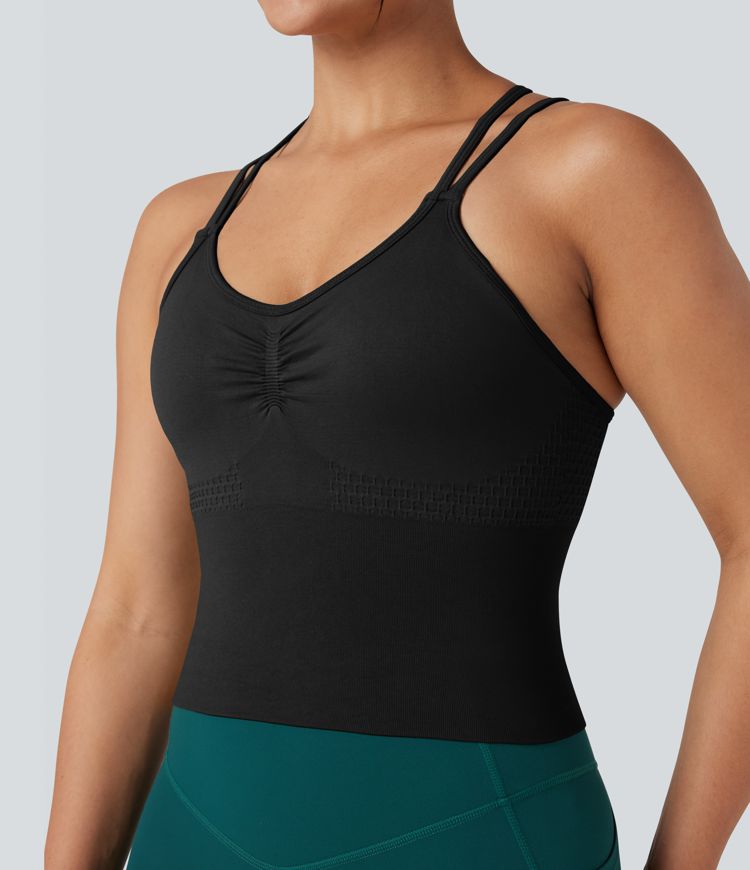 OneForm Seamless Flow Crisscross Backless Ruched Double Straps Yoga Tank Top-Longer Length