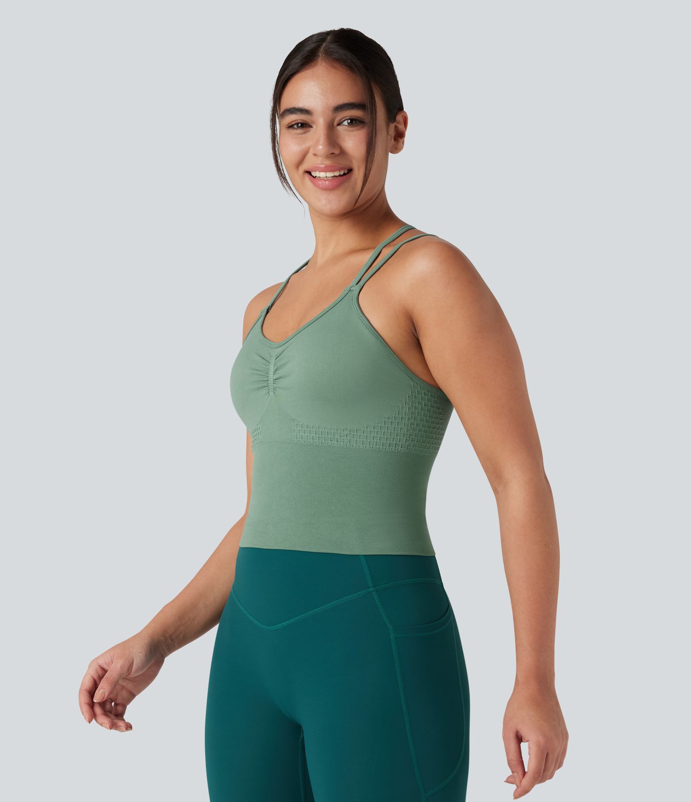 OneForm Seamless Flow Crisscross Backless Ruched Double Straps Yoga Tank Top-Longer Length