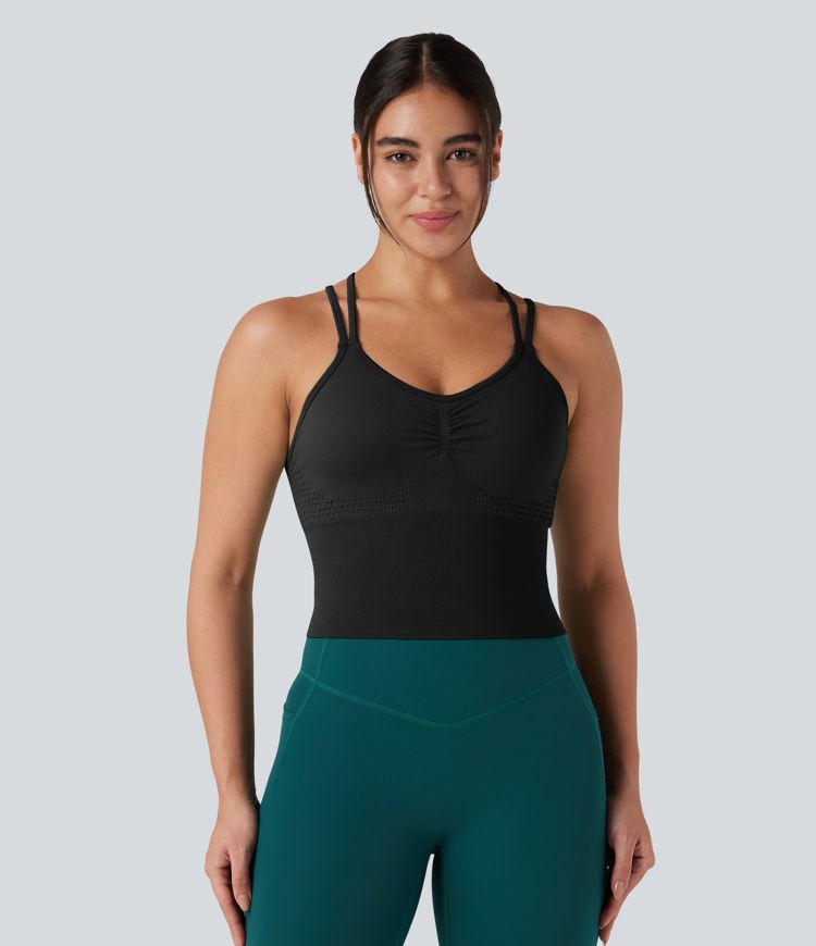 OneForm Seamless Flow Crisscross Backless Ruched Double Straps Yoga Tank Top-Longer Length