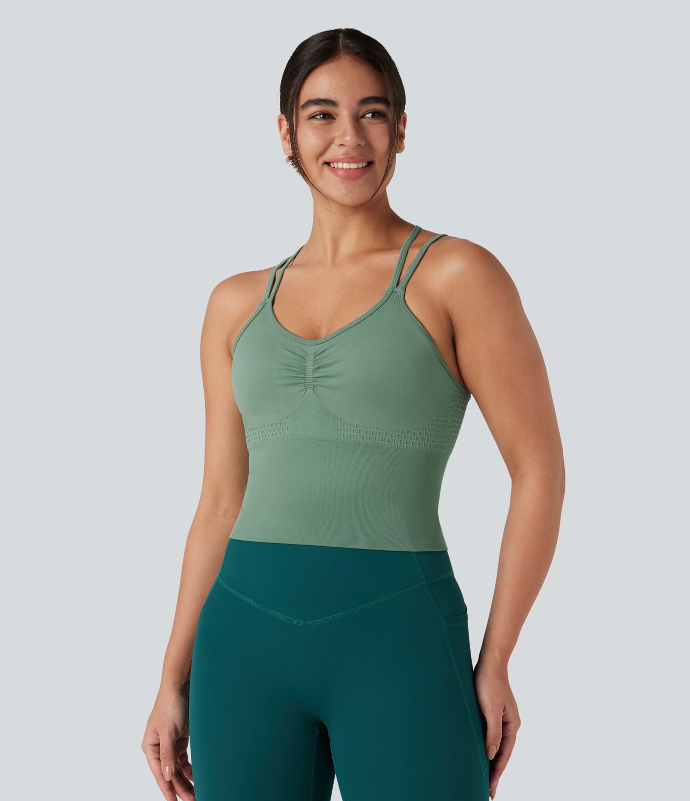 OneForm Seamless Flow Crisscross Backless Ruched Double Straps Yoga Tank Top-Longer Length