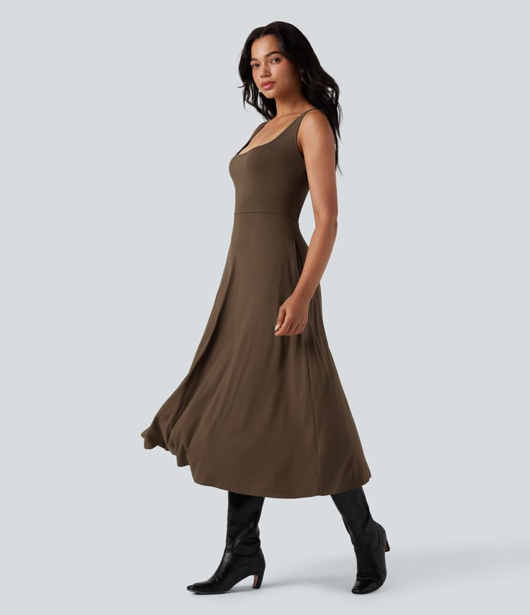 U-Neck Sleeveless Midi Flowy Party Dress with Pockets