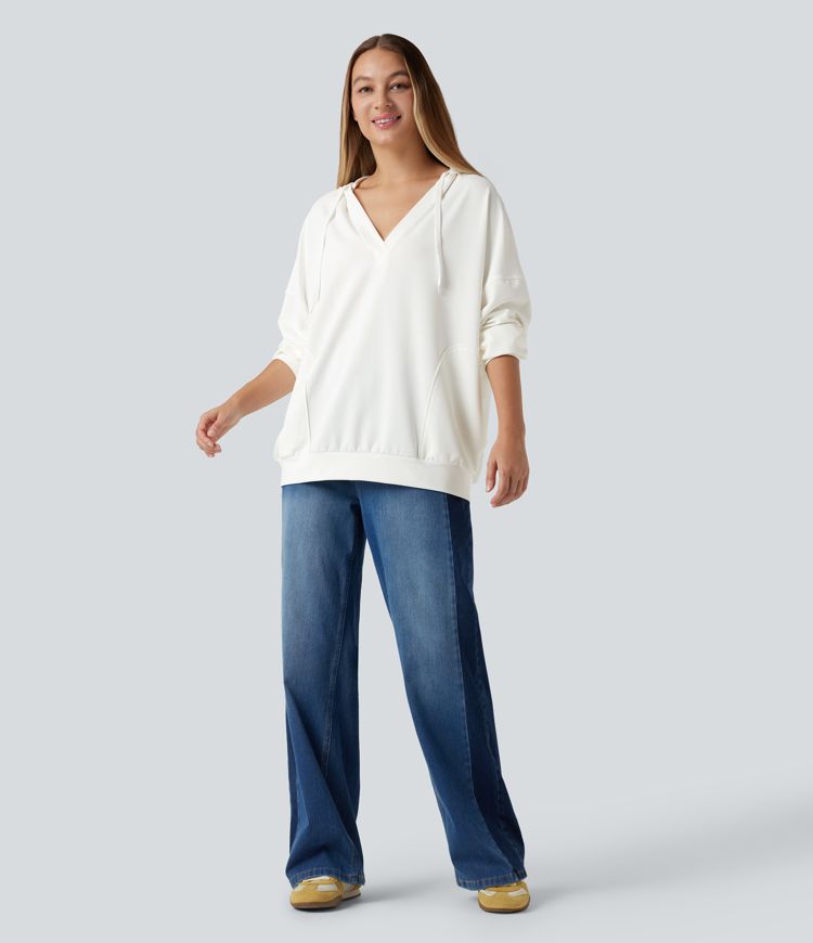 Hooded V-neck Long Sleeve Relaxed Casual Sweatshirt with Pockets