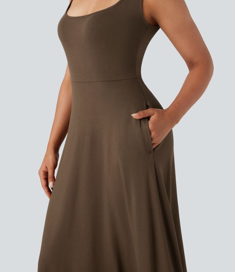 U-Neck Sleeveless Midi Flowy Party Dress with Pockets