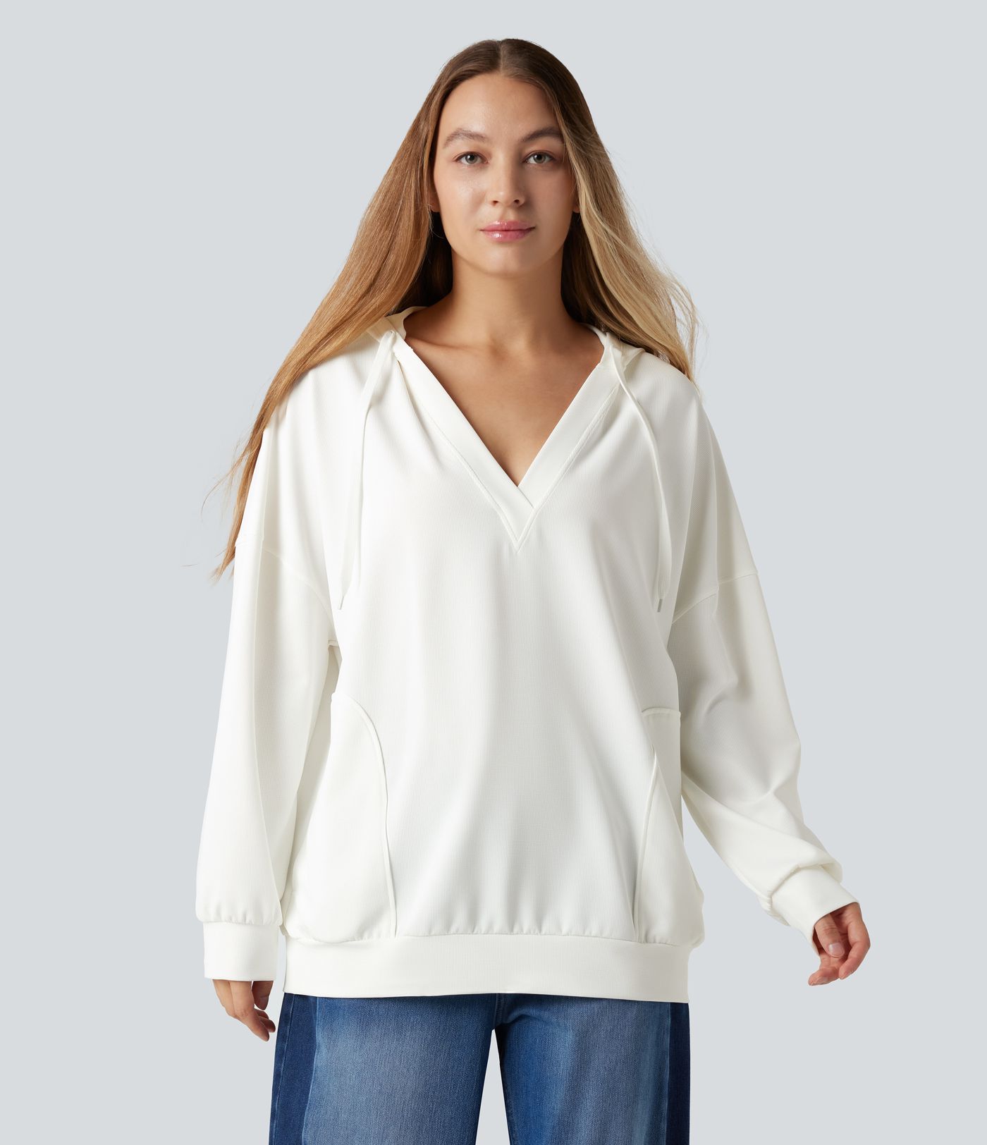 Hooded V-neck Long Sleeve Relaxed Casual Sweatshirt with Pockets