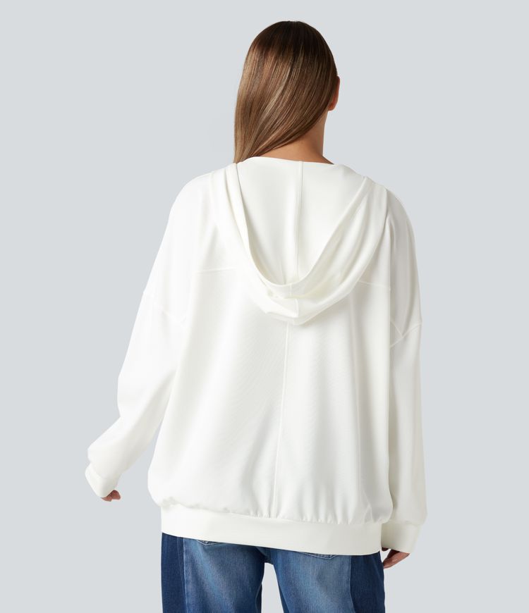 Hooded V-neck Long Sleeve Relaxed Casual Sweatshirt with Pockets
