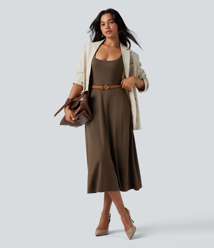 U-Neck Sleeveless Midi Flowy Party Dress with Pockets