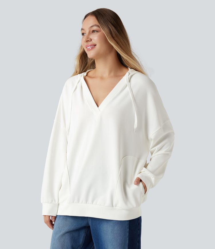 Hooded V-neck Long Sleeve Relaxed Casual Sweatshirt with Pockets