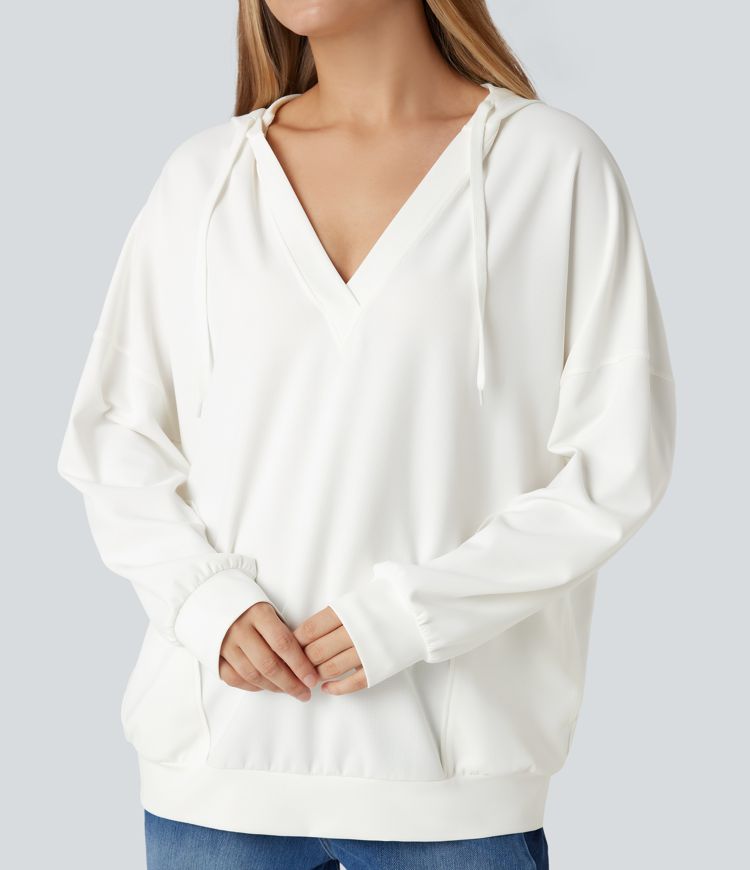 Hooded V-neck Long Sleeve Relaxed Casual Sweatshirt with Pockets