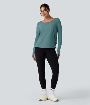 SoftlyZero™ Airy Long Sleeve Thumb Holes Contrast Mesh Cut-out Yoga Sports Top-UPF50+