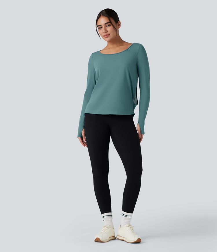 SoftlyZero™ Airy Long Sleeve Thumb Holes Contrast Mesh Cut-out Yoga Sports Top-UPF50+