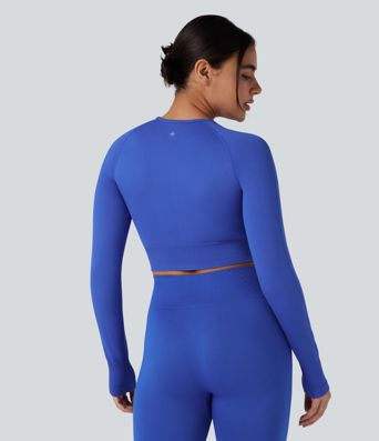 OneForm Seamless Flow Round Neck Long Sleeve Thumb Hole Cropped Yoga Sports Top