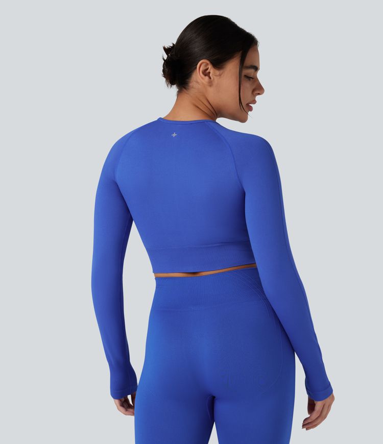 OneForm Seamless Flow Round Neck Long Sleeve Thumb Hole Cropped Yoga Sports Top