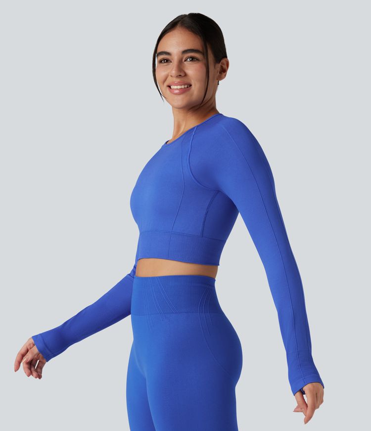 OneForm Seamless Flow Round Neck Long Sleeve Thumb Hole Cropped Yoga Sports Top