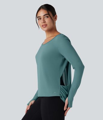 SoftlyZero™ Airy Long Sleeve Thumb Holes Contrast Mesh Cut-out Yoga Sports Top-UPF50+