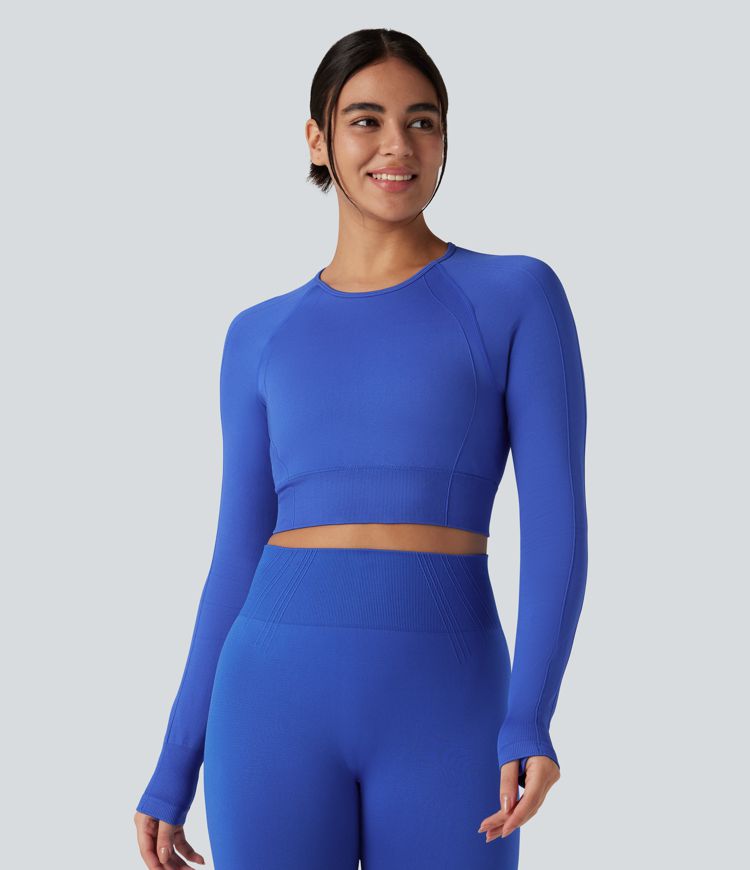 Seamless Flow Round Neck Long Sleeve Thumb Hole Cropped Yoga Sports Top