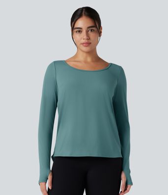 SoftlyZero™ Airy Long Sleeve Thumb Holes Contrast Mesh Cut-out Yoga Sports Top-UPF50+