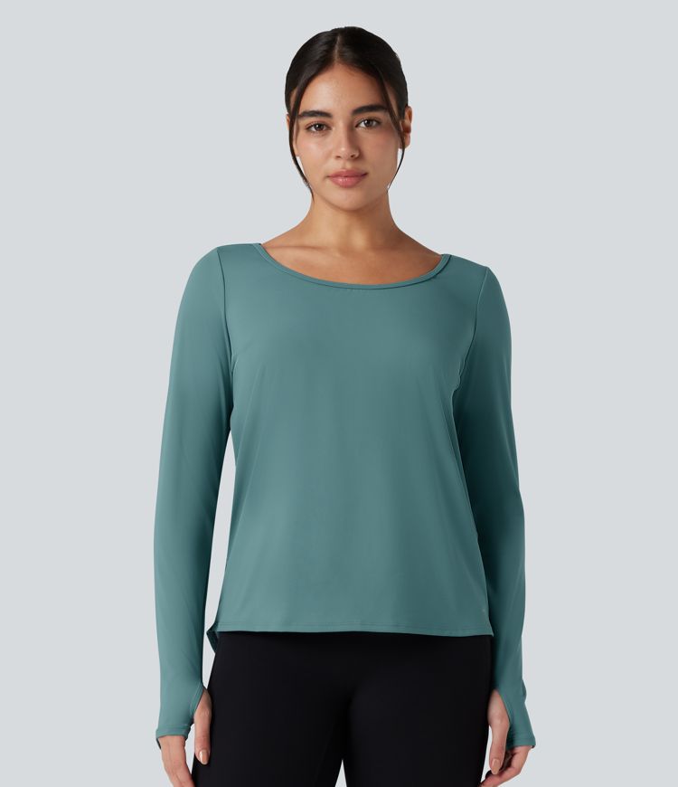 SoftlyZero™ Airy Long Sleeve Thumb Holes Contrast Mesh Cut-out Yoga Sports Top-UPF50+