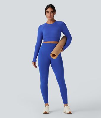 OneForm Seamless Flow Round Neck Long Sleeve Thumb Hole Cropped Yoga Sports Top