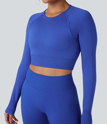 OneForm Seamless Flow Round Neck Long Sleeve Thumb Hole Cropped Yoga Sports Top