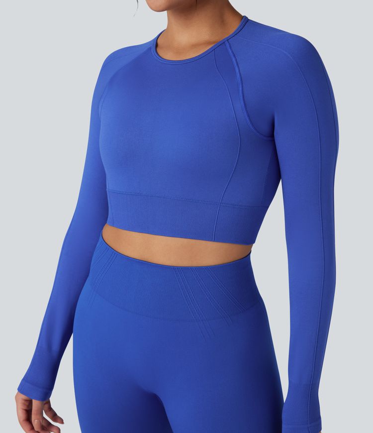 OneForm Seamless Flow Round Neck Long Sleeve Thumb Hole Cropped Yoga Sports Top