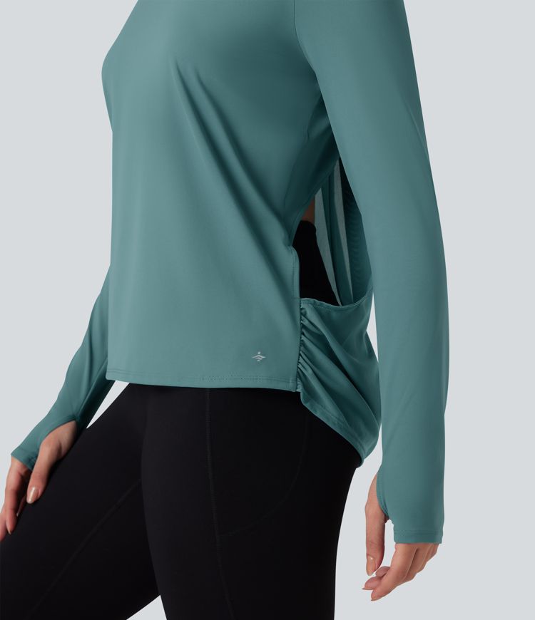 SoftlyZero™ Airy Long Sleeve Thumb Holes Contrast Mesh Cut-out Yoga Sports Top-UPF50+