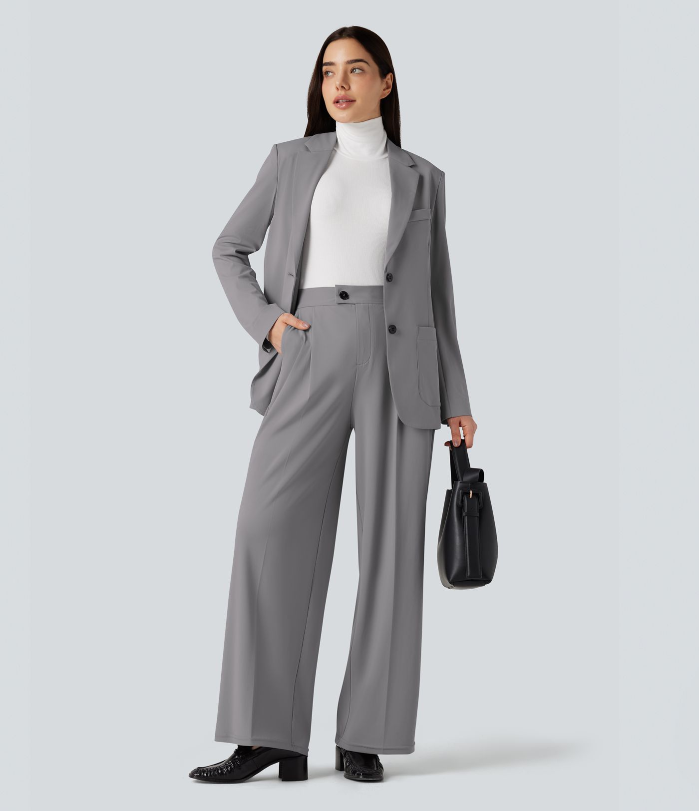 Skrynkelfri långärmad arbetskavaj med inskuren krage och fickor