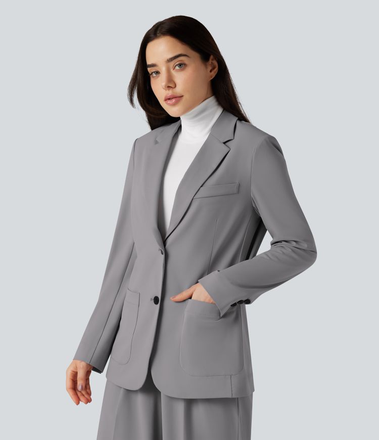 Wrinkle-resistant Notched Collar Long Sleeve Work Blazer with Pockets