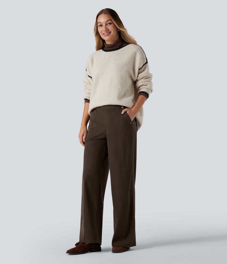 High Waisted Straight Leg Corduroy Casual Pants with Pockets